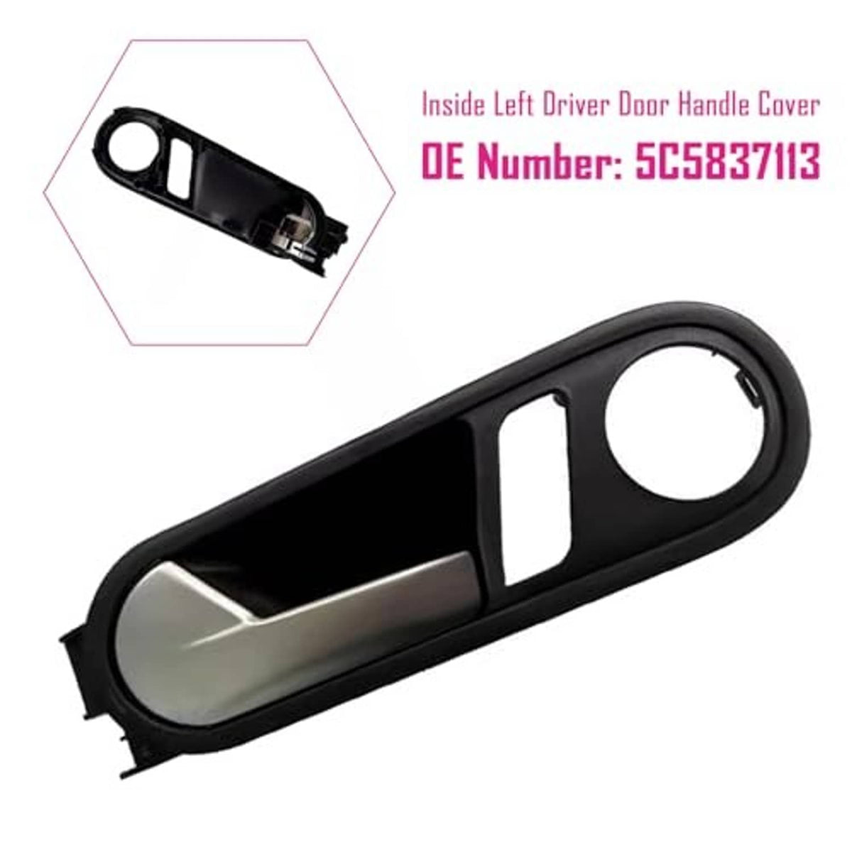 Interior left driver door handle cover, black with beige insert and circular handle opening