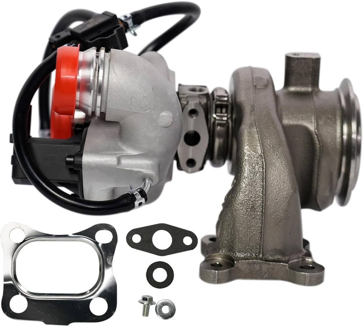 Turbocharger assembly with gasket set and hardware, silver housing, black wiring