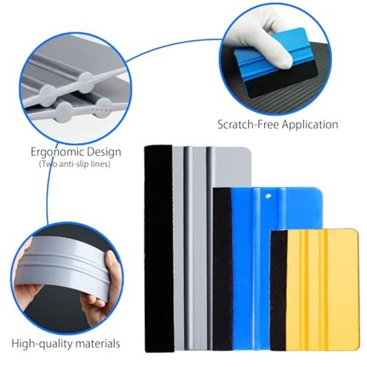 3-piece vinyl wrap squeegee set: gray, blue, and yellow blades with black anti-scratch felt