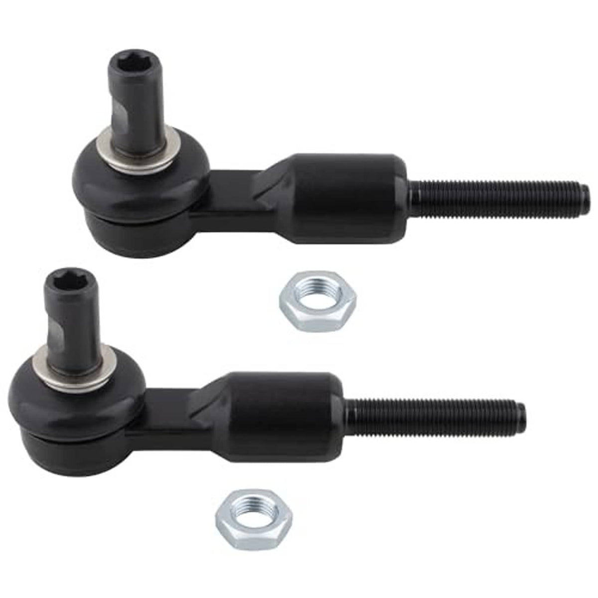 Pair of black sway bar end links with threaded bolts and hex nuts, rubber ball joints