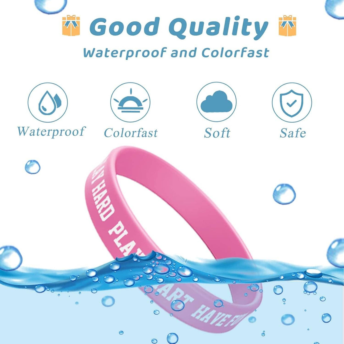 Pink silicone motivational rubber bracelet on wrist-shaped band, waterproof and safe icons