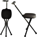 Black folding walking cane with round seat and height-adjustable legs