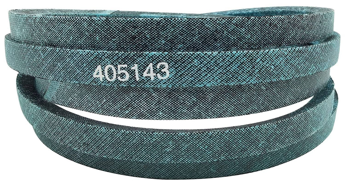 Turquoise deck drive belt with 405143 marking, flat loop