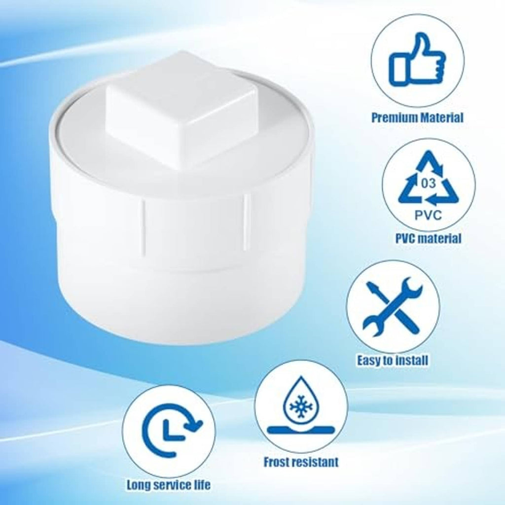 White PVC sewer cleanout adapter with plug cap, isolated product view
