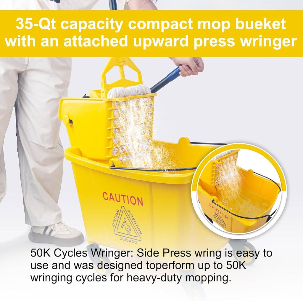 Yellow mop bucket with side-press wringer, upward press and wringing mop water