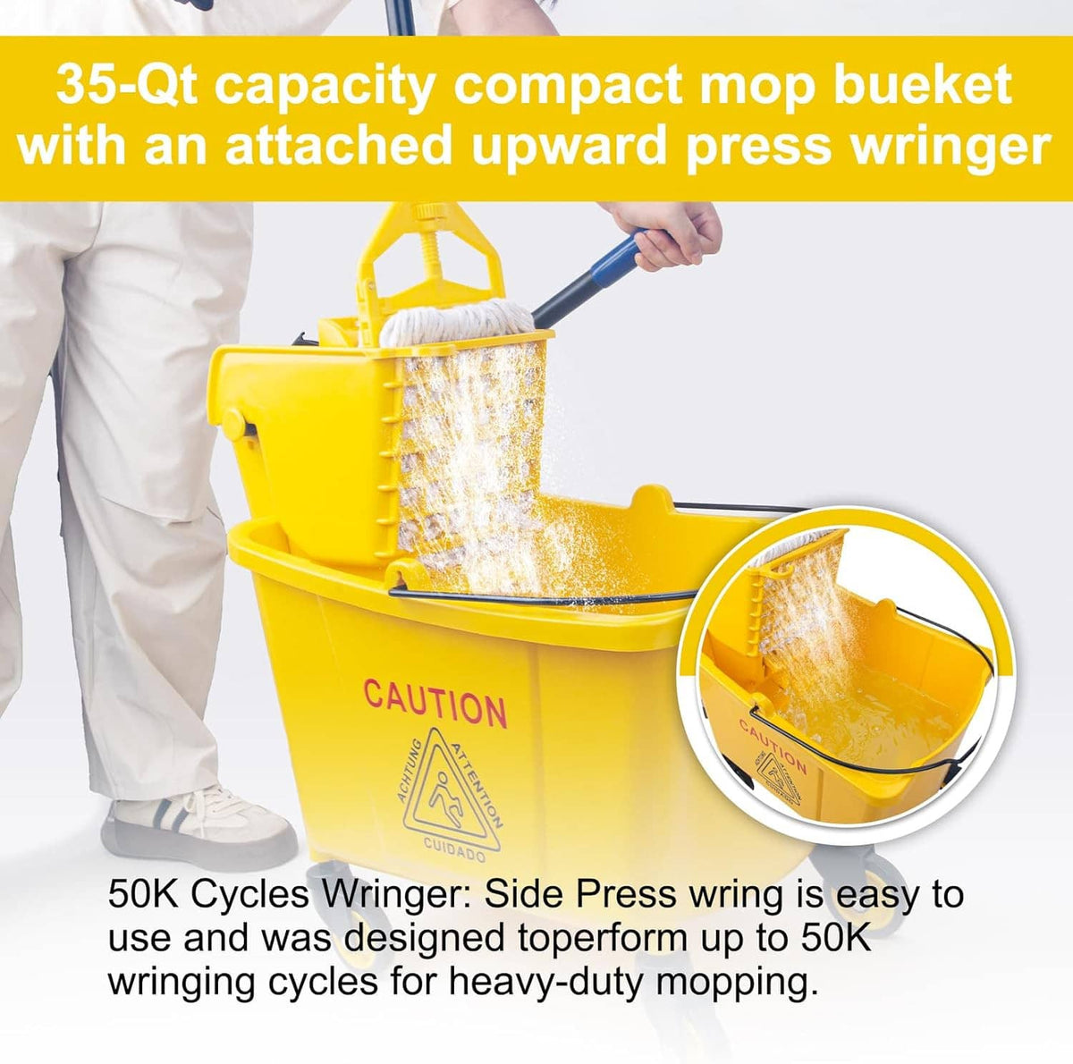 Yellow mop bucket with side-press wringer, upward press and wringing mop water