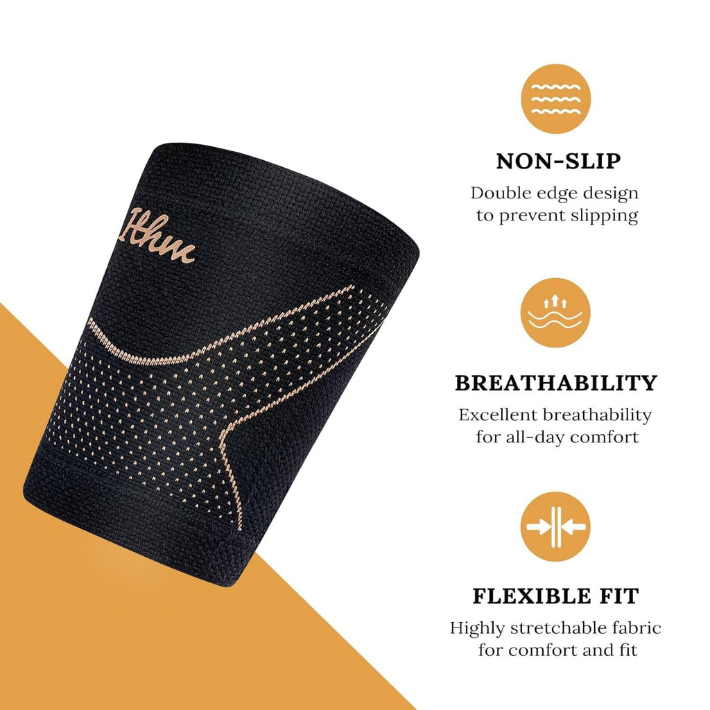 Black bicep tendon brace with copper dotted chevron line detail