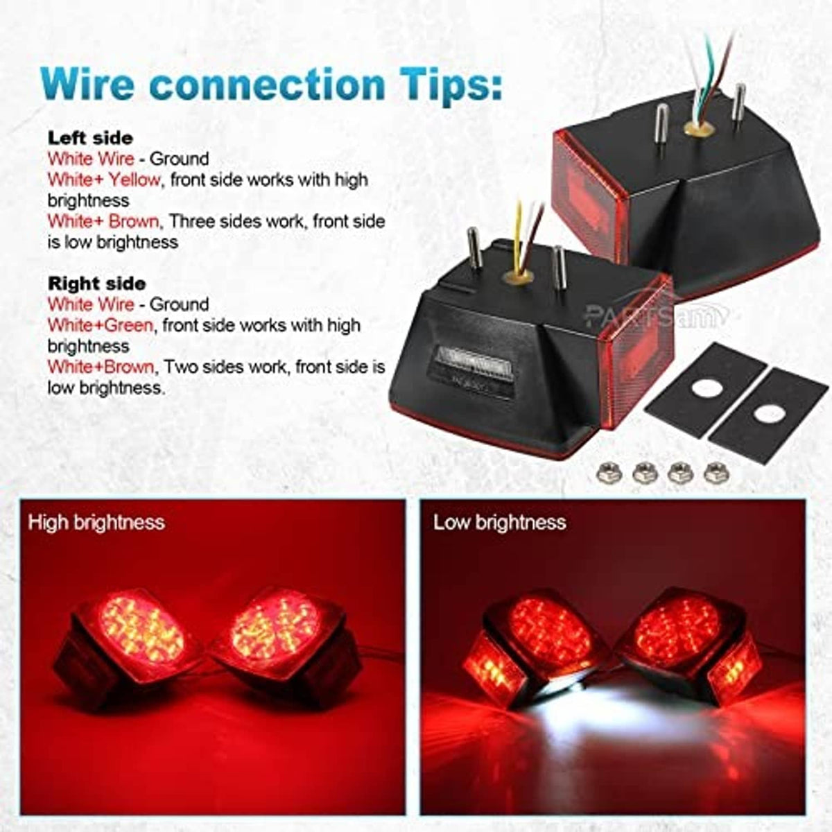 Square red LED trailer light wiring harness and connectors with black mounting base