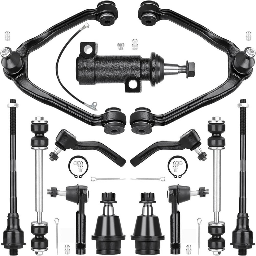 Front upper and lower control arm kit components with bushings and ball joints, black.