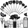 33-piece black silicone cooking utensil set with ladle, whisk, tongs, and spatulas