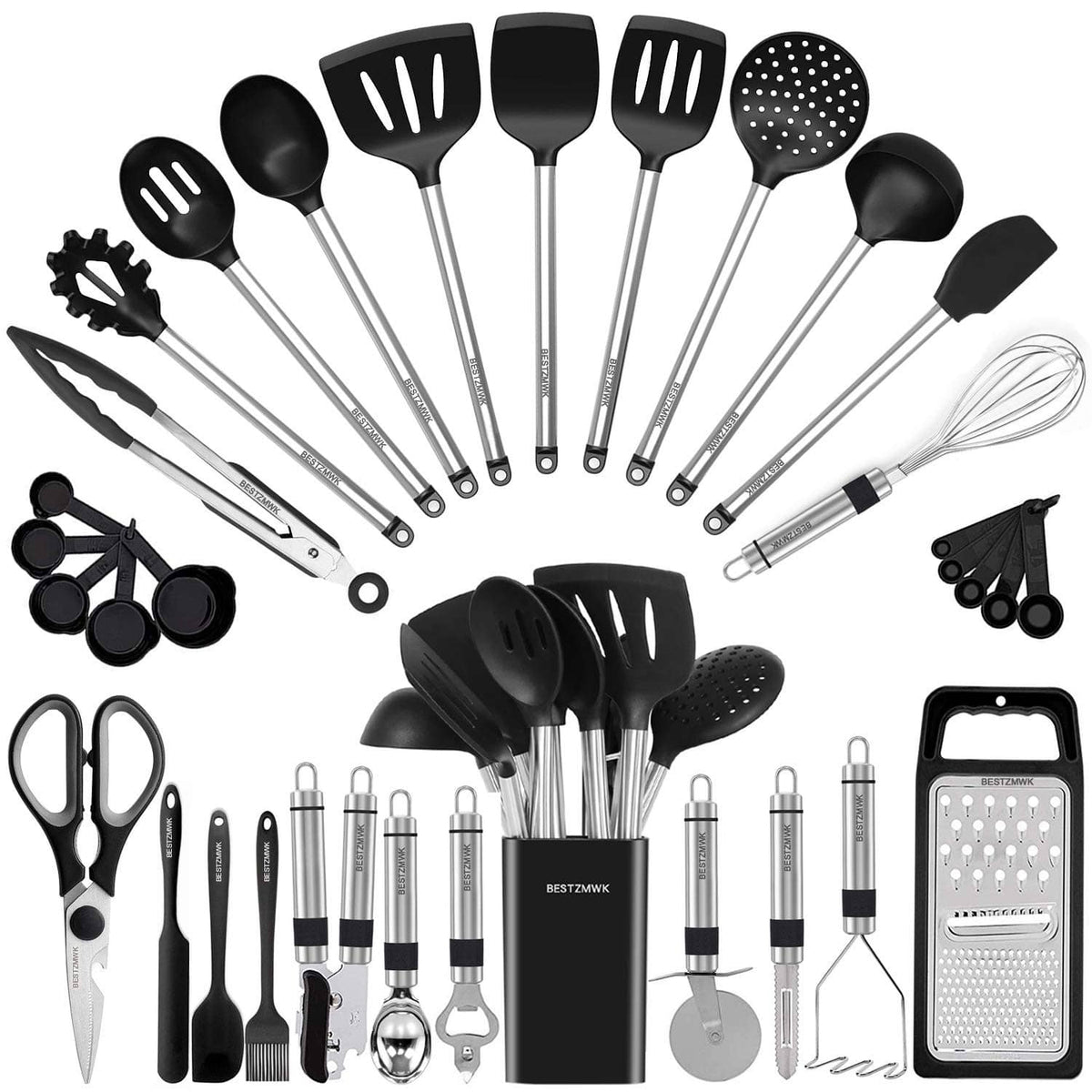 33-piece black silicone cooking utensil set with ladle, whisk, tongs, and spatulas