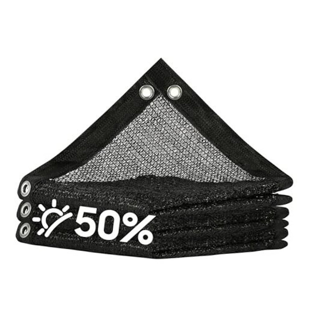 Black 50% mesh shade cloth tarp with grommets, folded and stacked