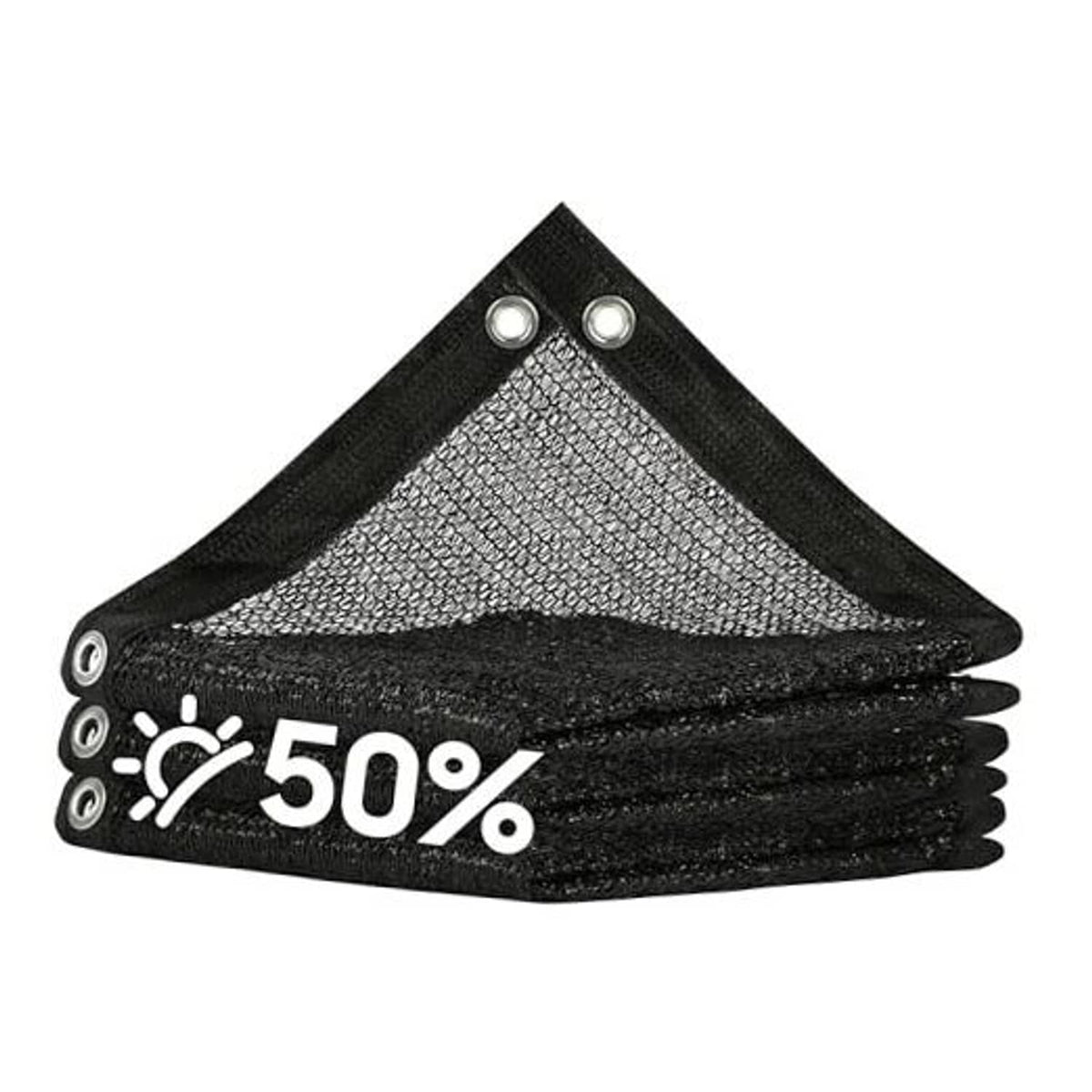 Black 50% mesh shade cloth tarp with grommets, folded and stacked