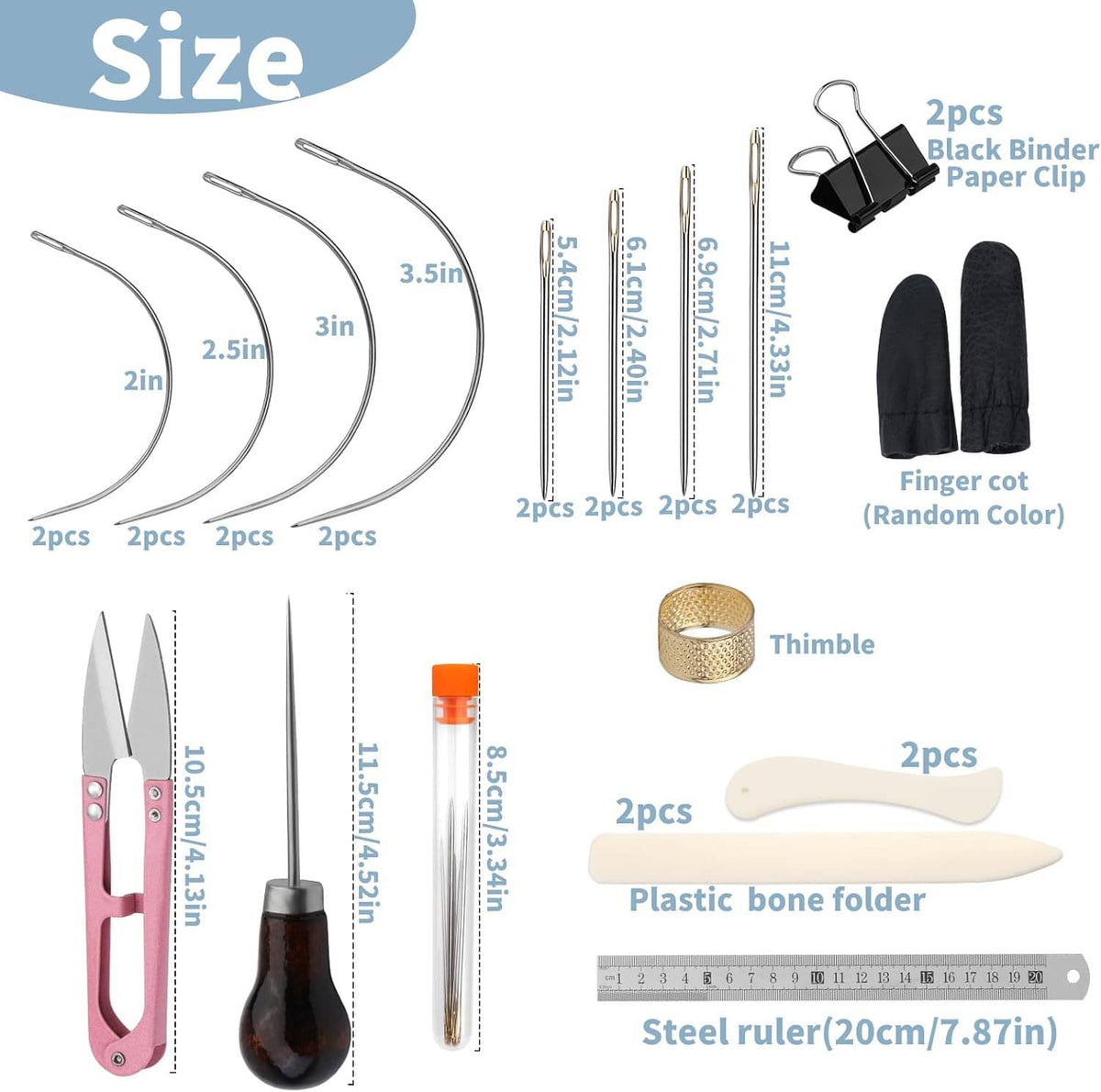 Book binding kit diagram with steel needles, bone folder, ruler, binder clips, thimble