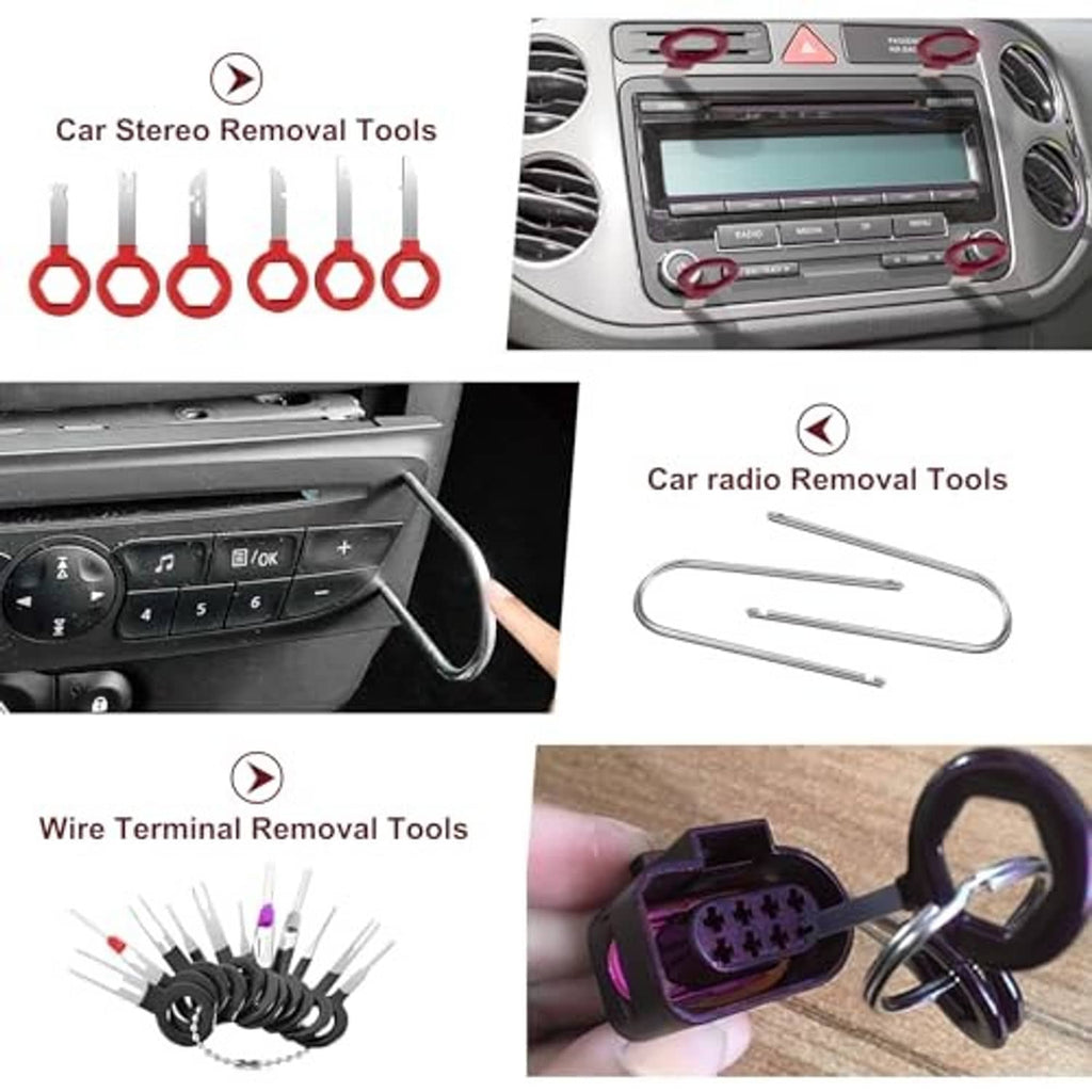 Car stereo removal and wire terminal tool set with metal picks and red pullers