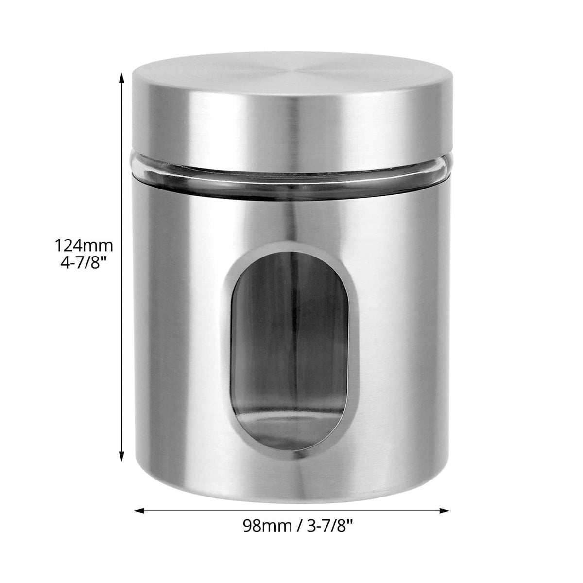 Stainless steel canister with oval clear window and tight-fitting round lid