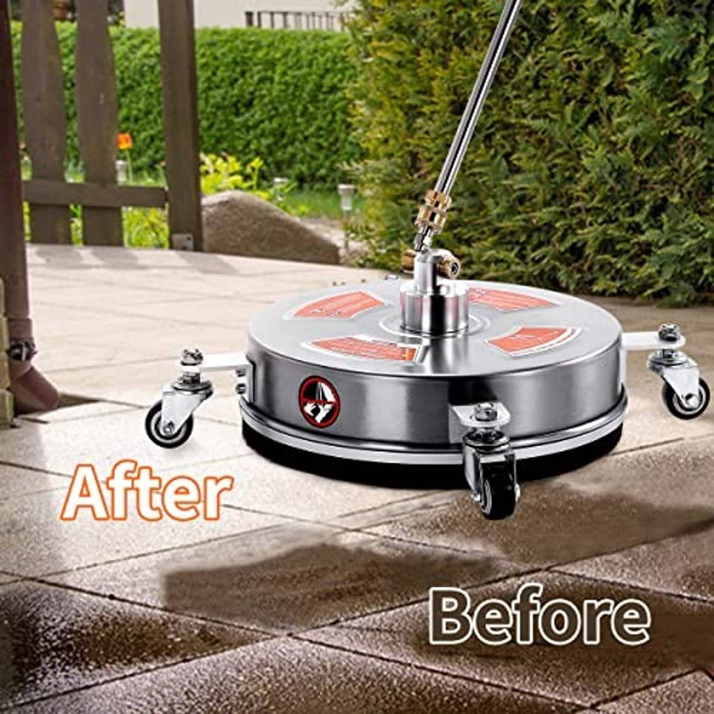 Pressure washer surface cleaner attachment on patio stone, four rolling caster wheels