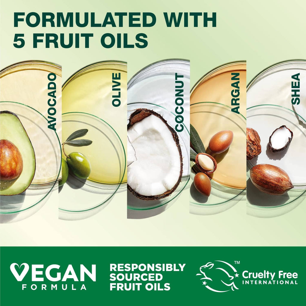 Garnier Nutrisse formulated with 5 fruit oils: avocado, olive, coconut, argan, shea.