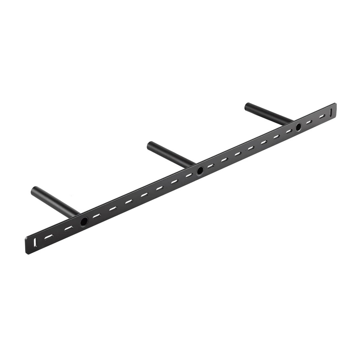 Black floating shelf bracket with perforated rail and three support rods