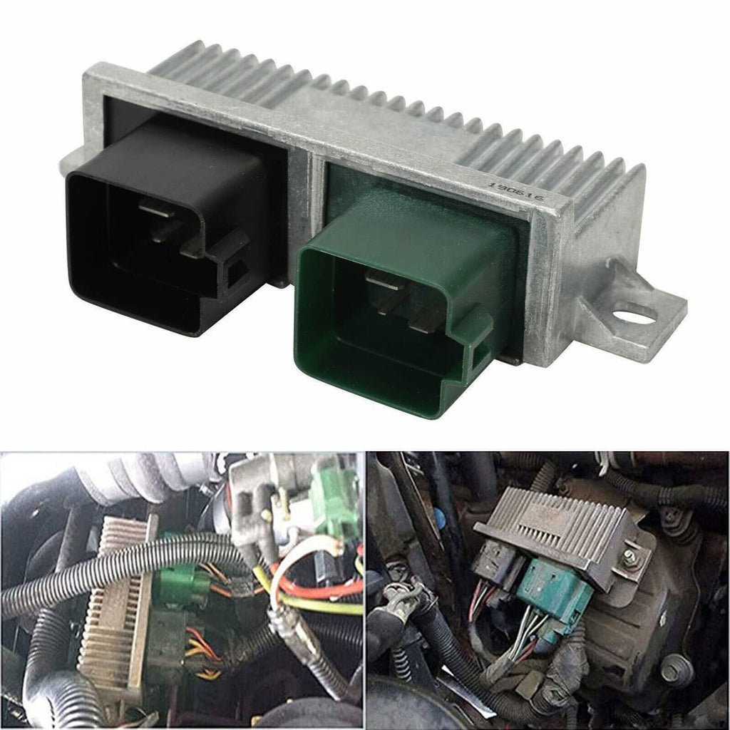 Glow plug control relay module showing black and green electrical connectors on metal case