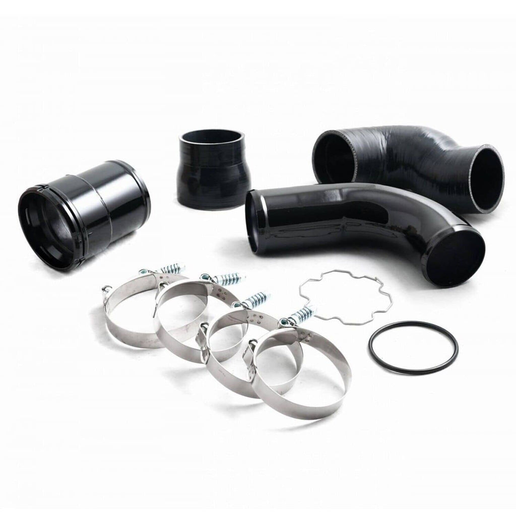 Black silicone intercooler pipe boot kit with curved couplers, O-ring, and hose clamps