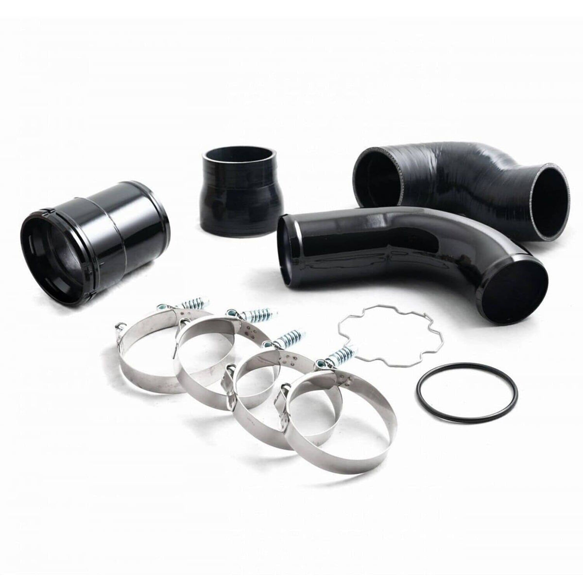 Black silicone intercooler pipe boot kit with curved couplers, O-ring, and hose clamps