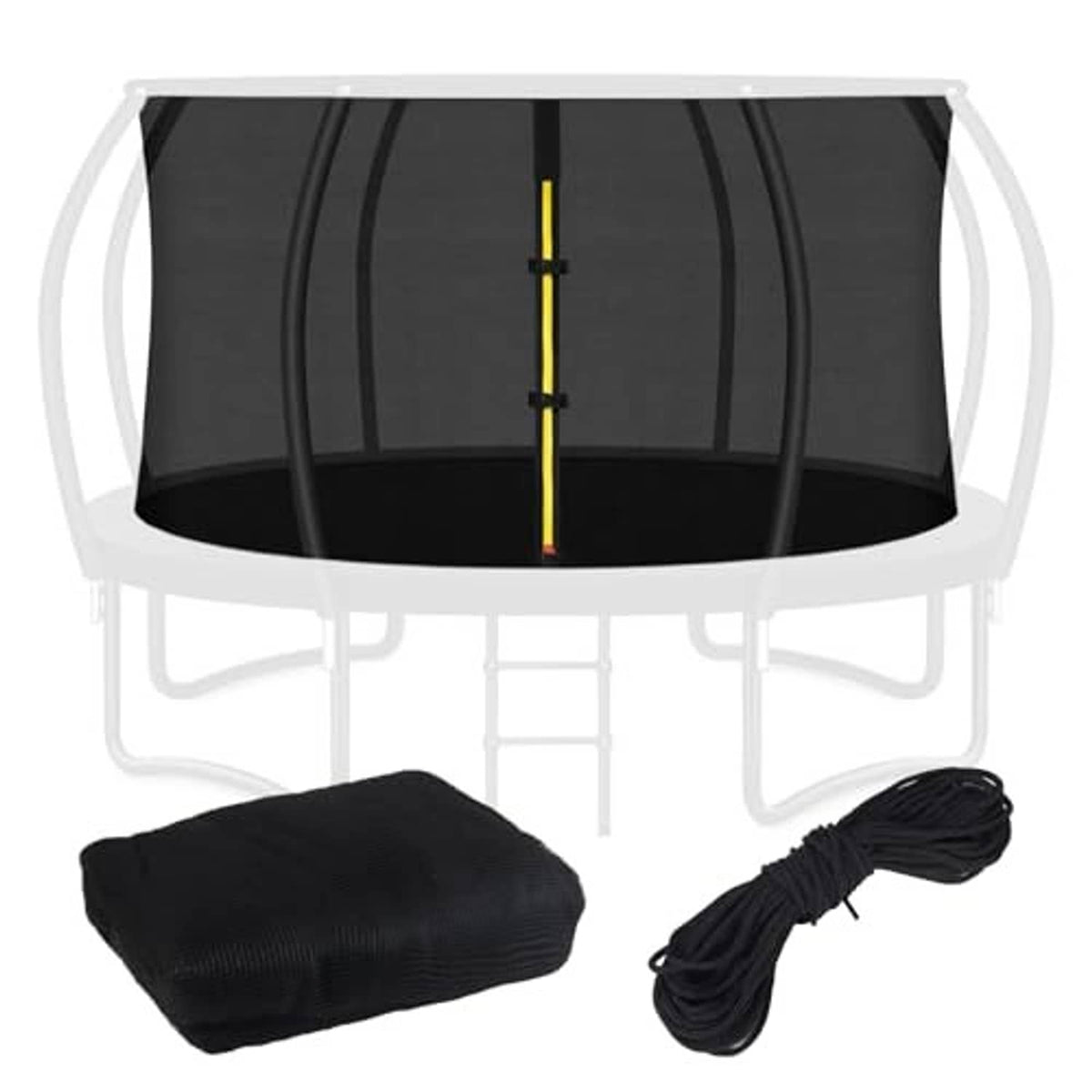 Black trampoline enclosure top net with yellow center strap and bundled attachment ropes