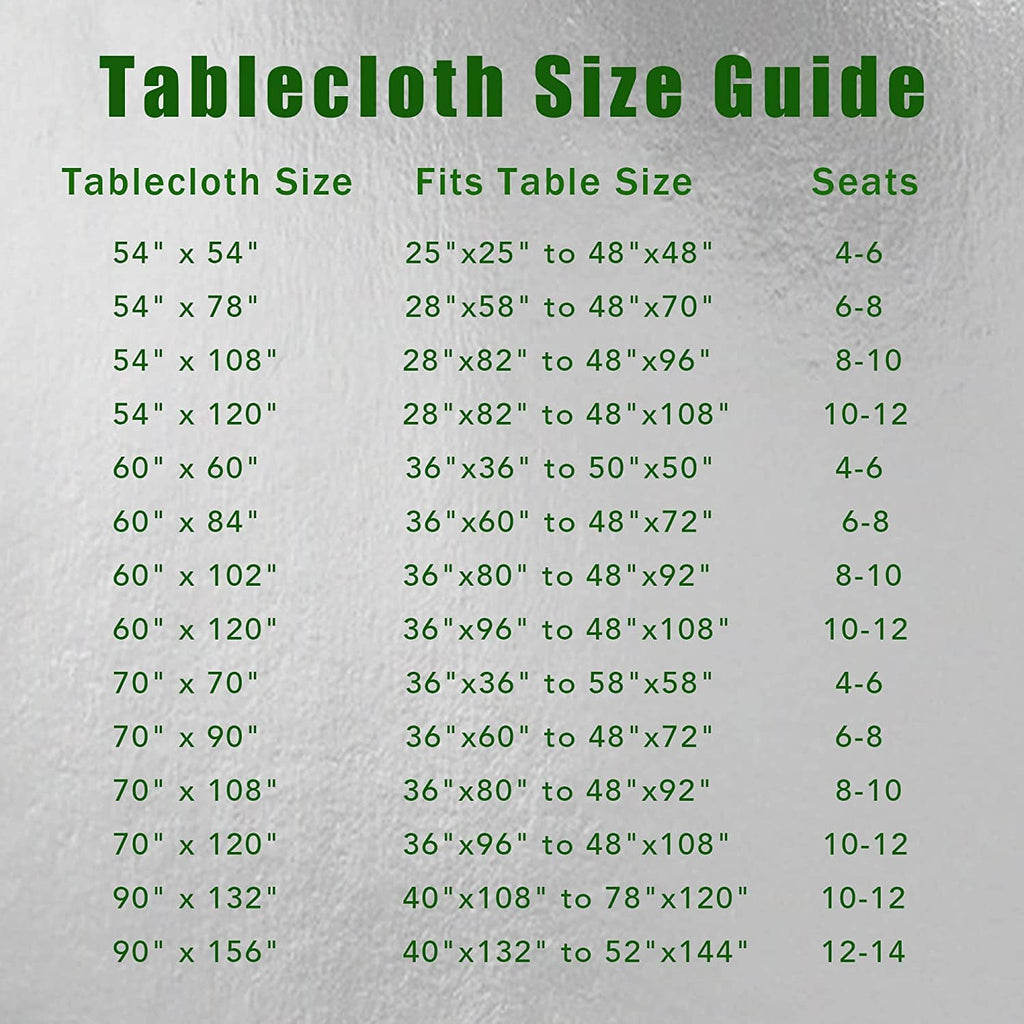 Tablecloth size guide chart showing size and table fit ranges for different seats.