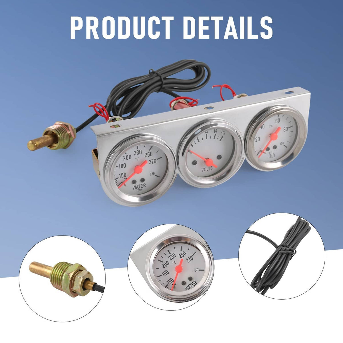 Front view of chrome triple mechanical gauges with black wiring and brass sensor fittings