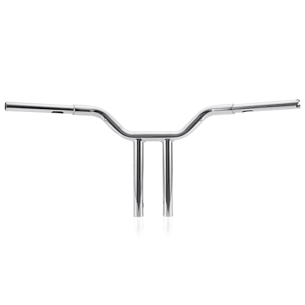 Chrome motorcycle handlebar with wide horizontal sweep and central vertical posts