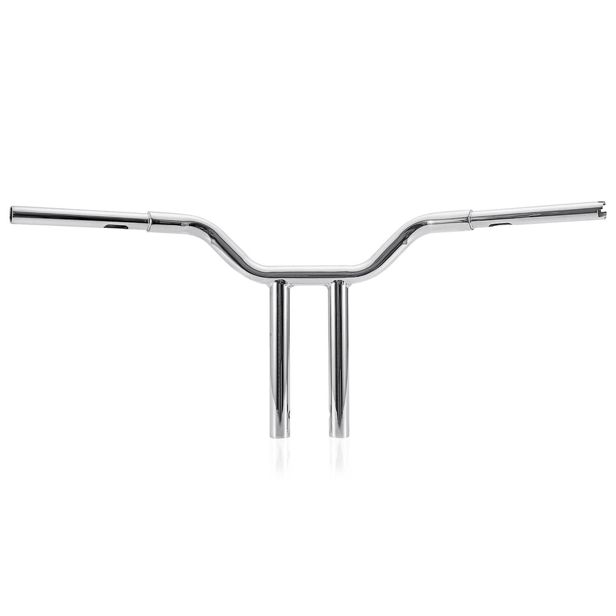 Chrome motorcycle handlebar with wide horizontal sweep and central vertical posts