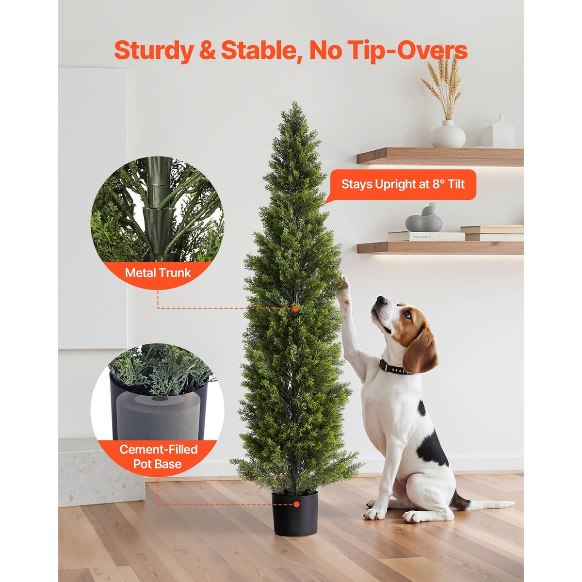 Artificial cedar tree topiary with metal trunk and cement-filled pot base