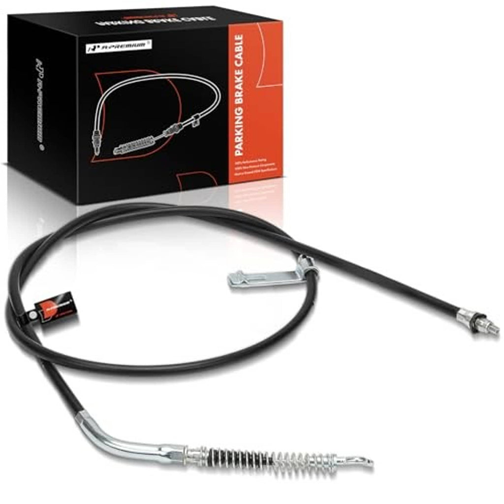 Rear parking brake cable assembly with long black cable, spring section, and right-side end