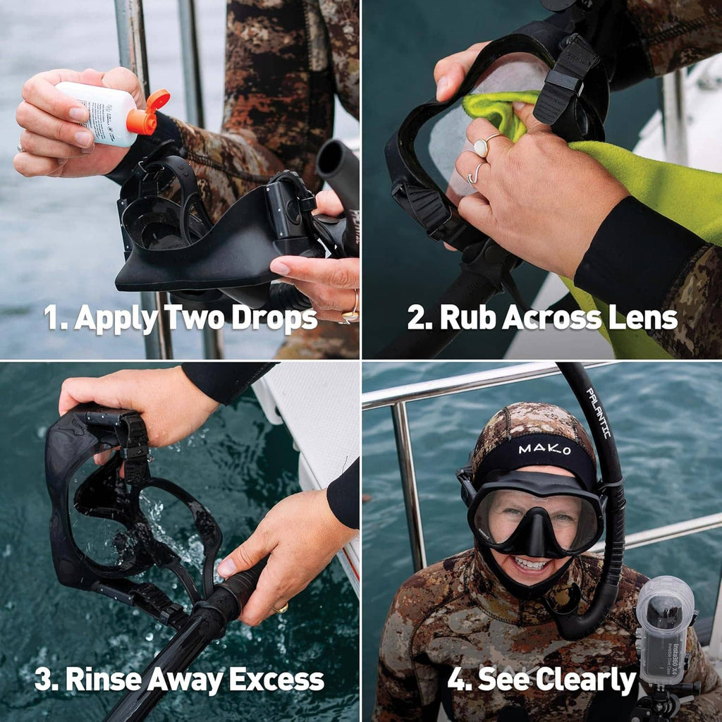 Anti-fog lens cleaner bottle applying drops to swim goggles lens