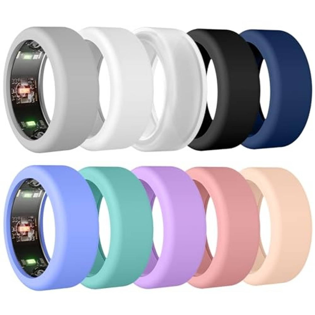 Elastic silicone ring covers in white, black, blue, purple, and pastel shades