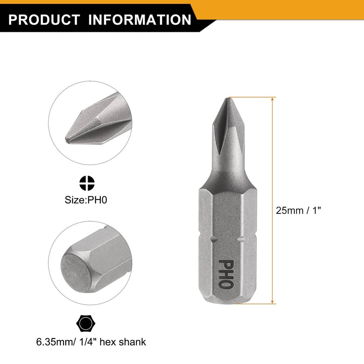 PH0 Phillips screwdriver bit with 1/4 in hex shank and 25 mm length, detail view