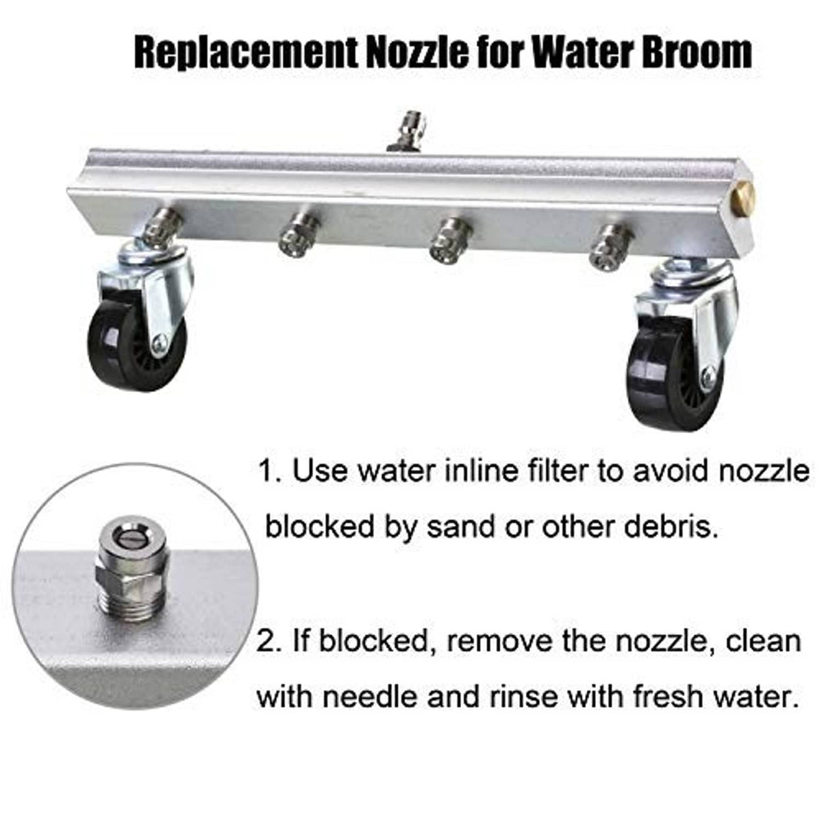Water broom replacement nozzle set with four threaded nozzles on silver bar and caster wheels