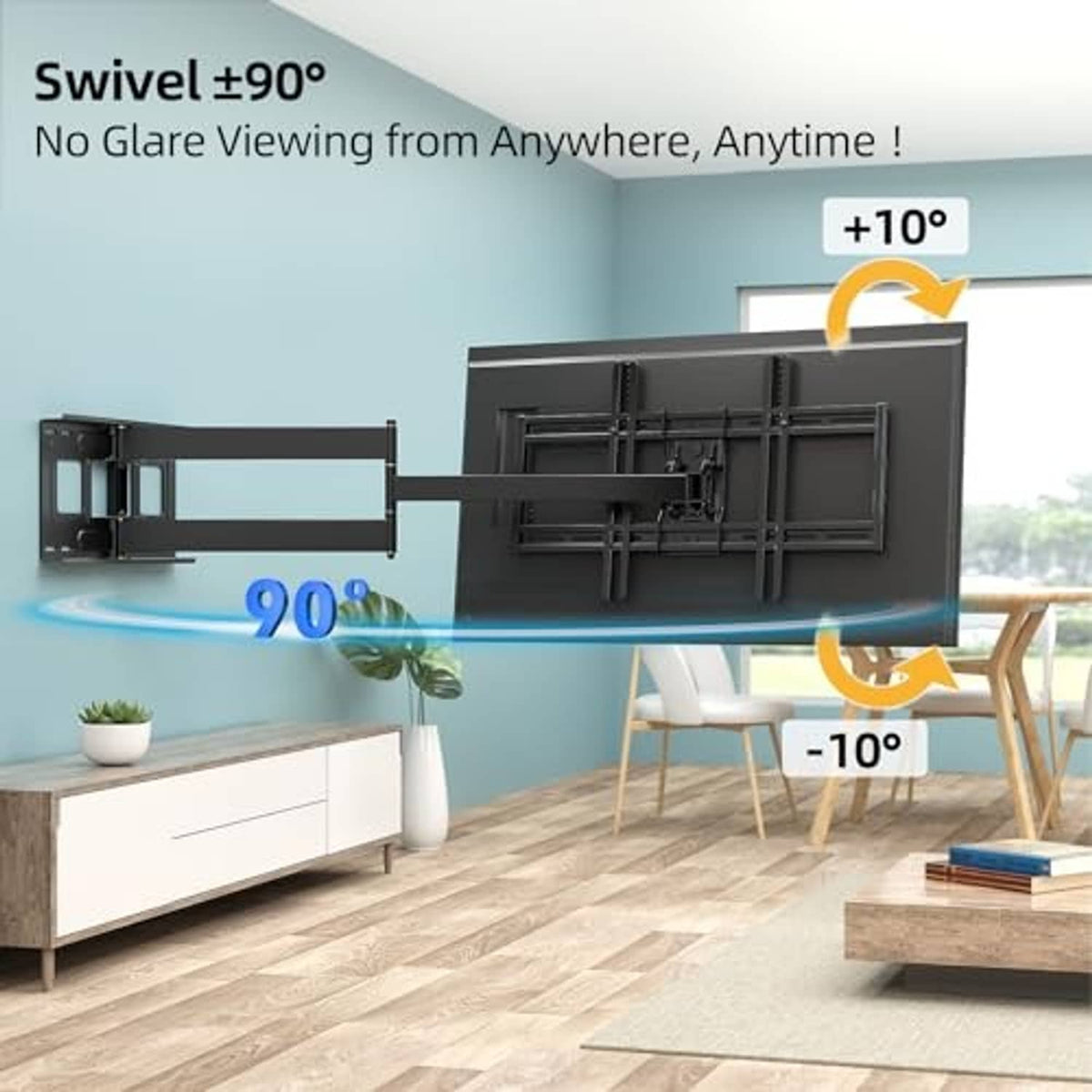 Swivel full motion TV wall mount with extended arm for angled viewing.