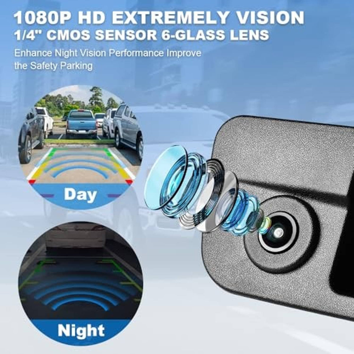 Rear tailgate handle backup camera close-up with textured gray housing and lens