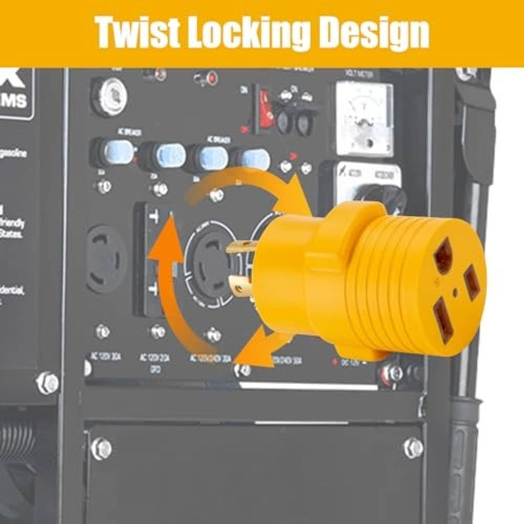 Twist-lock generator adapter plug attached to an inlet on a power panel