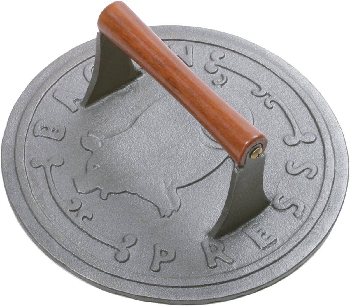 8.75-inch cast iron bacon press with wooden handle and animal-shaped embossed design