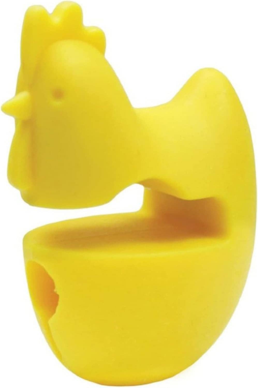 Yellow chicken-shaped silicone spoon rest featuring an open top spoon channel