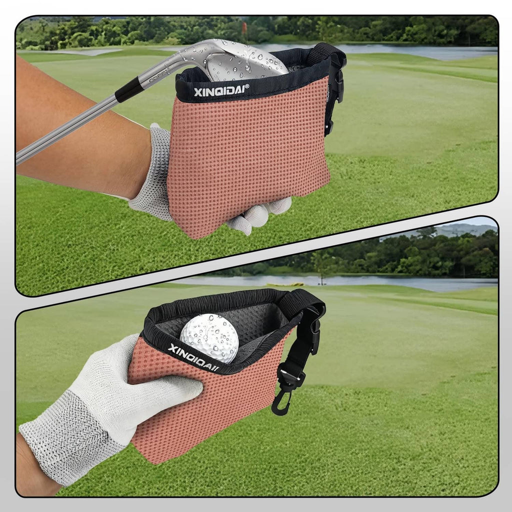 Pink golf club cleaner bag with ball washer and black strap, used on a golf course