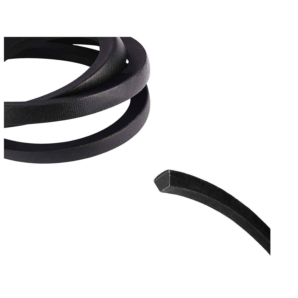 Lawn mower belt close-up showing black textured side profile