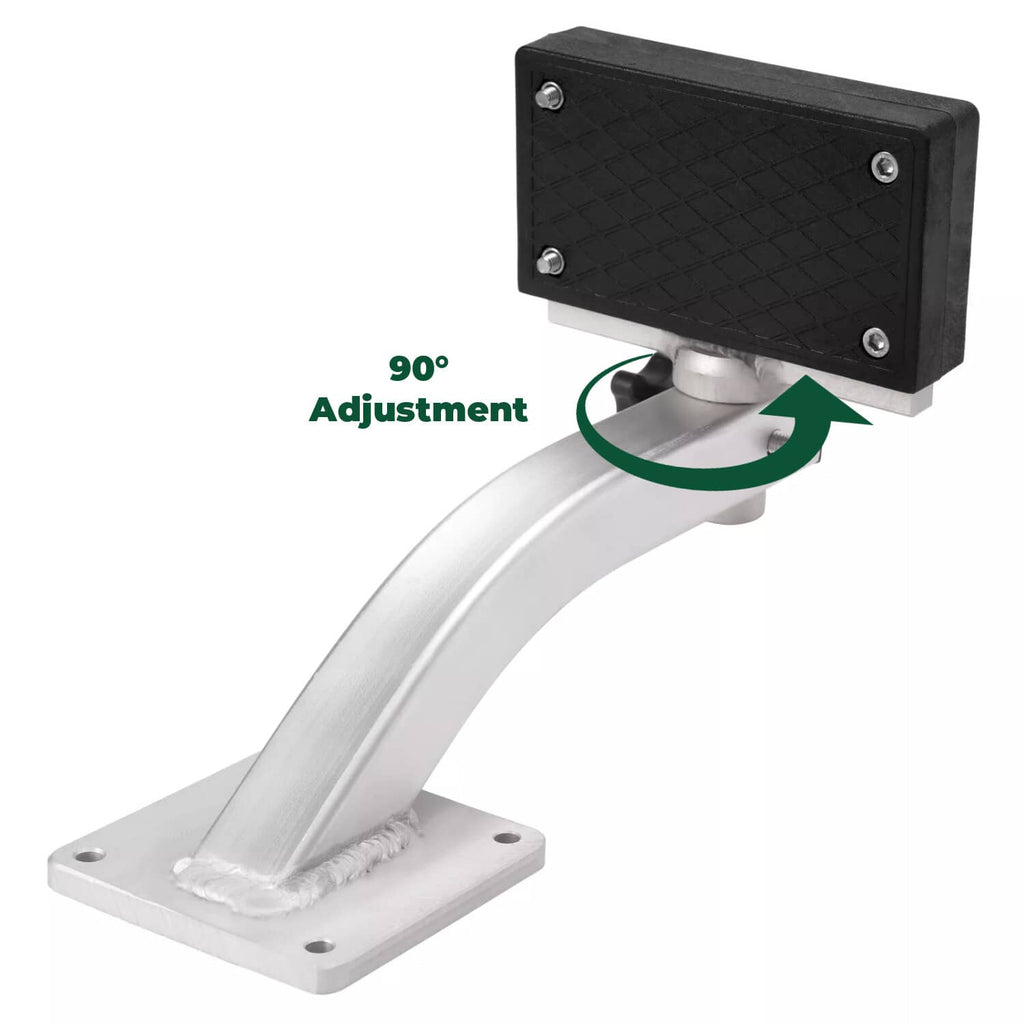 Trolling motor bracket with black adjustment plate and angled curved silver arm