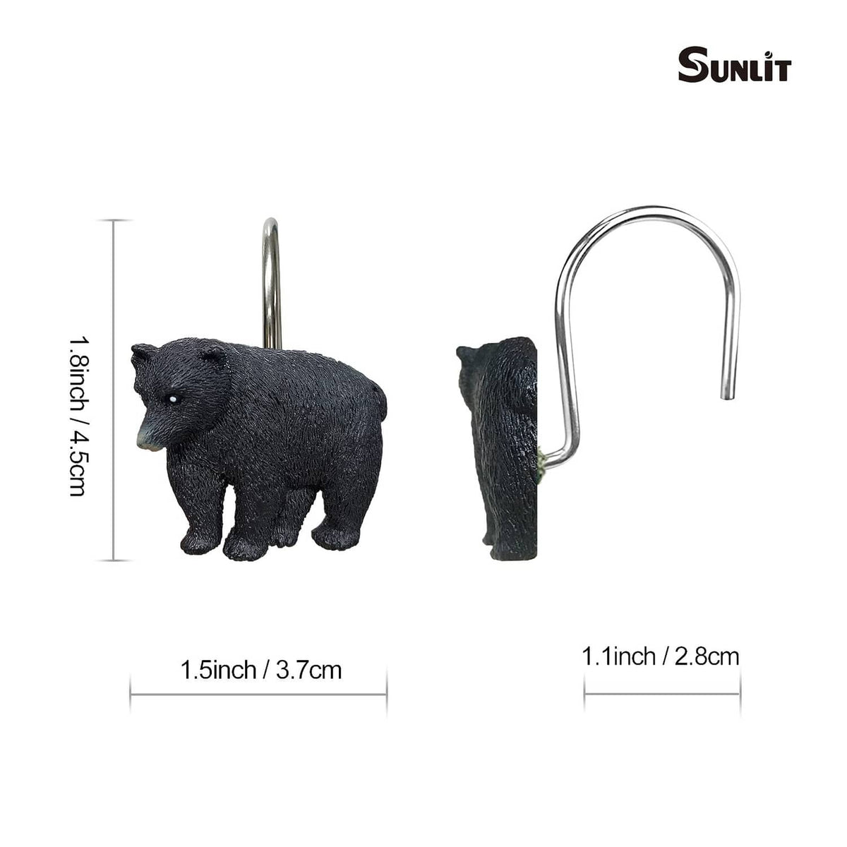 Black bear shower curtain hook with curved silver U-shaped metal clip