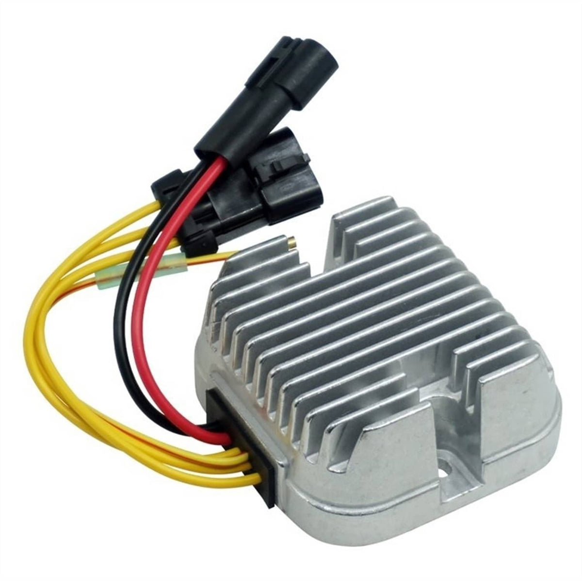Voltage regulator/rectifier with finned silver housing and multi-wire plug