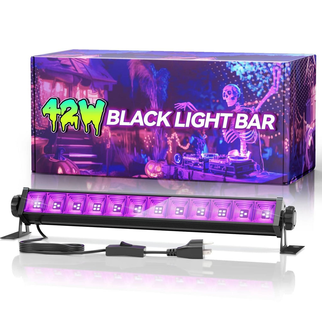 LED black light bar with purple glowing strip and end supports on a stand
