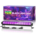 LED black light bar with purple glowing strip and end supports on a stand