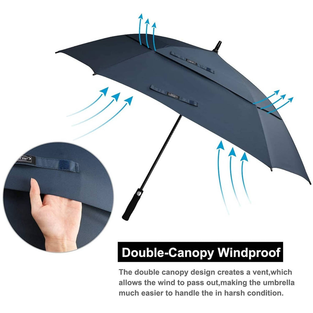Navy blue double-canopy windproof golf umbrella with straight handle